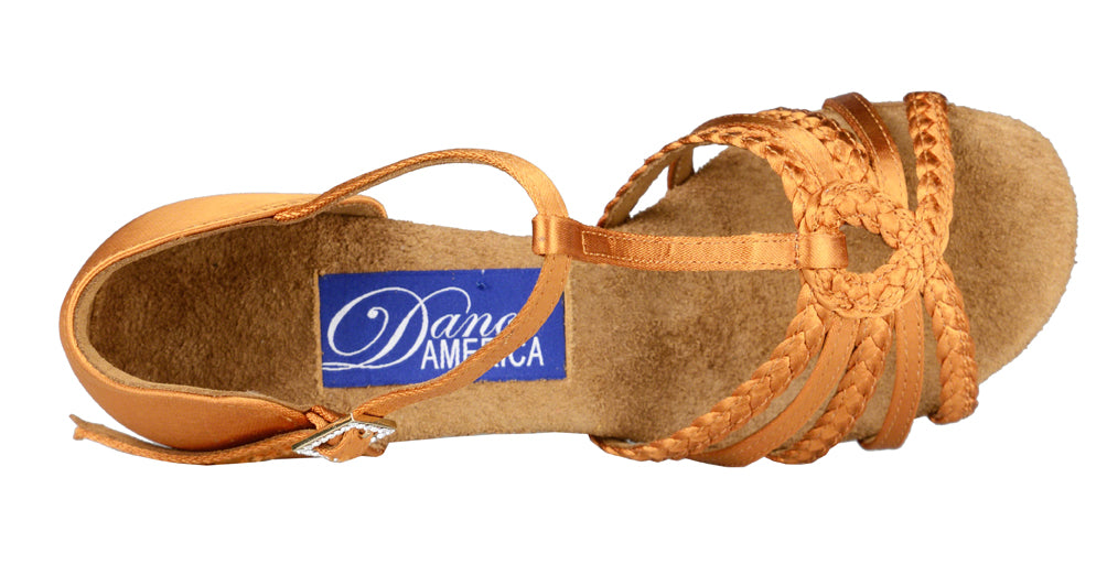 Dance America Madison Ladies Latin Shoe in Dark Tan Satin with T-Strap, Braided Strapping, and Elegant Loop Detail