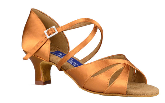Dance America Phoenix Ladies 3-Strap Sandal Latin Shoe in Dark Tan Satin