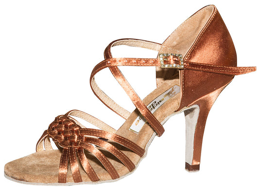 Latin Ballroom shoes woven vamp and dark tan satin