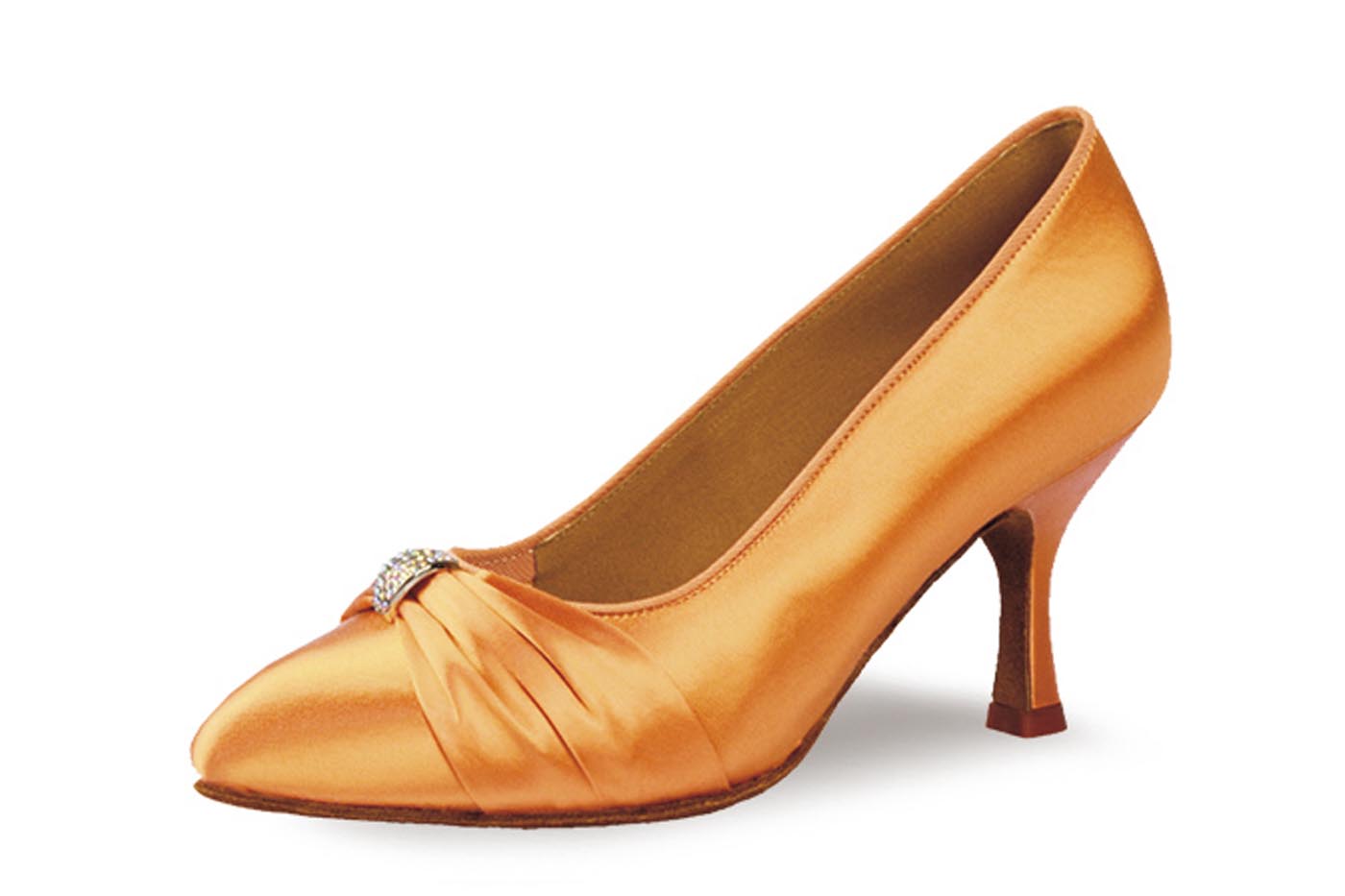 BD Dance 169 Ladies Tan Satin Ballroom Dance Shoe with Mini Diamond Brooch