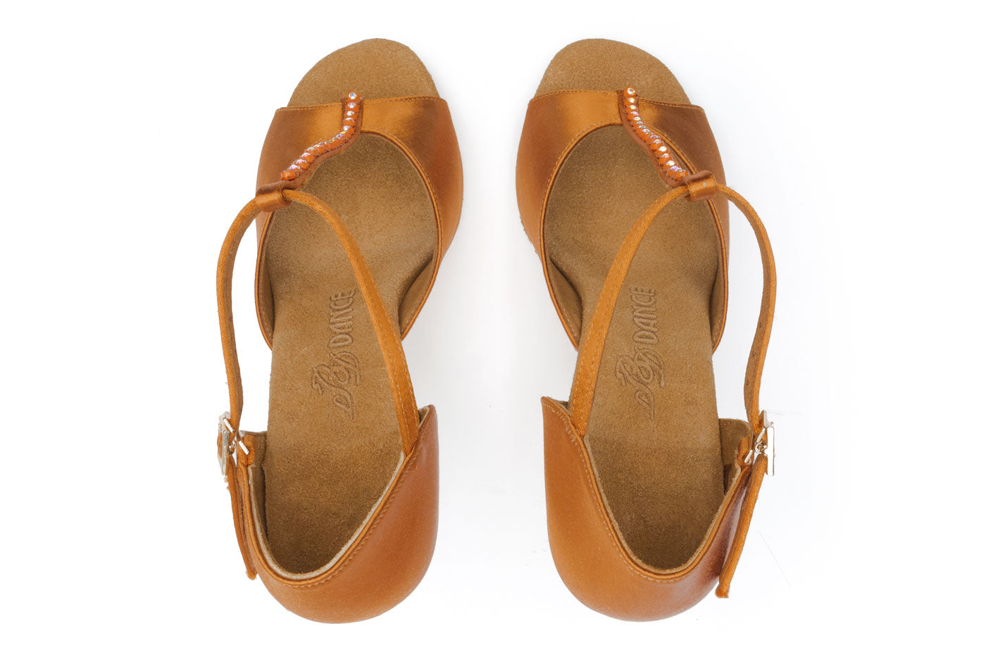 BD Dance 222 Ladies Tan Latin Dance Shoe with T-Strap and Stones