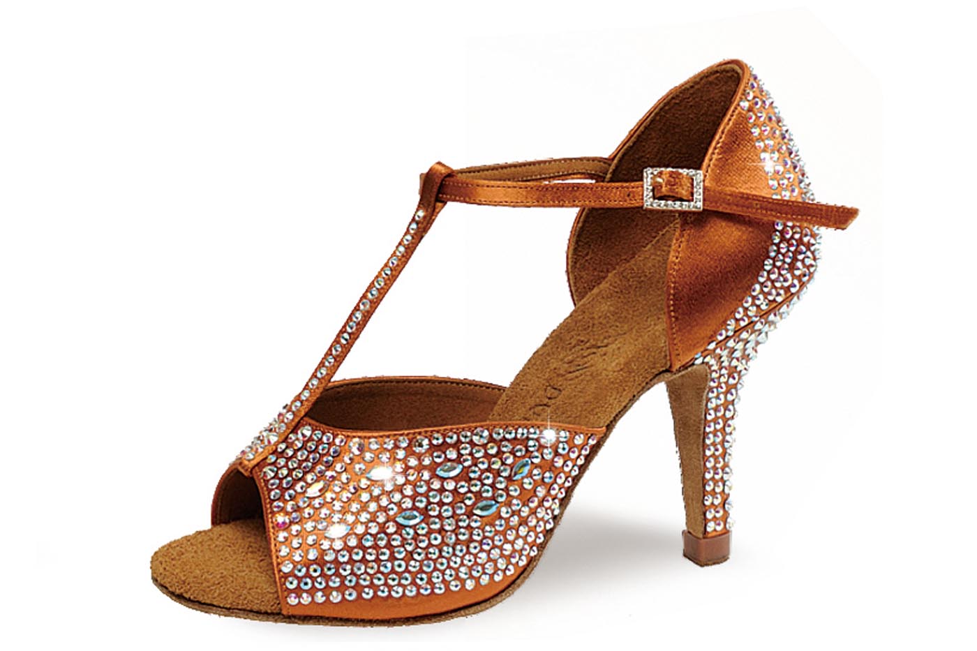 Ladies tan satin dance shoe with rhinestones