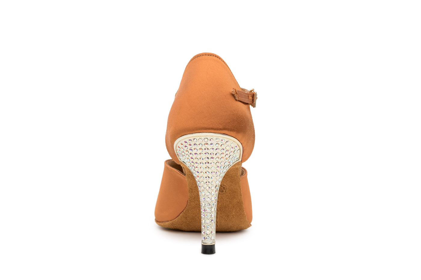 Rhinestone heel on tan satin dance shoe