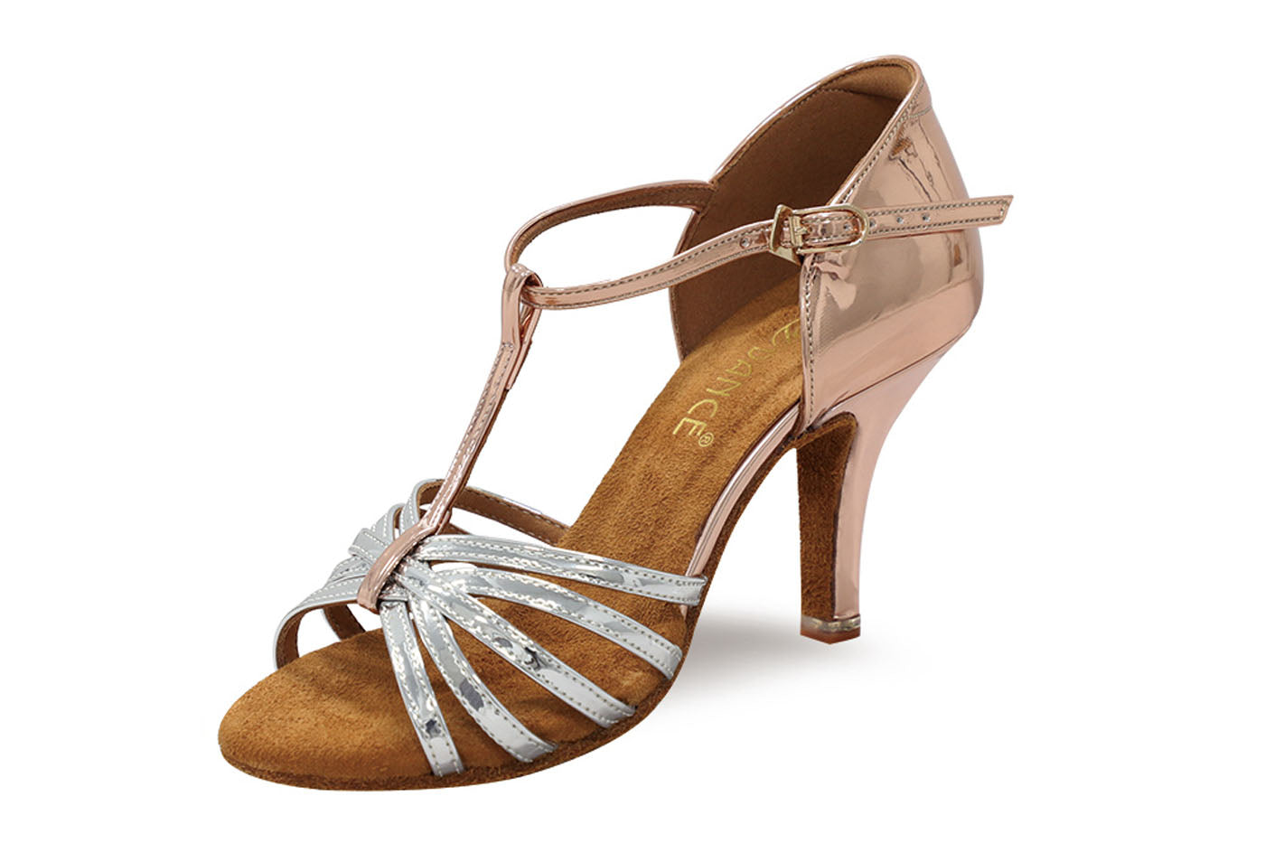 BD Dance 2705 Silver + Rose Gold Leather Ladies Latin Dance Shoe with T-Strap