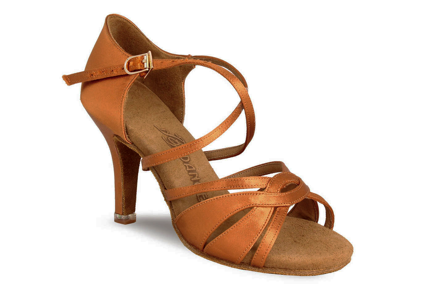 Dark Tan Satin Ladies Latin Shoe with Cross Ankle Strap and Gold Crown on Back of Heel BD Dance 2383_SALE