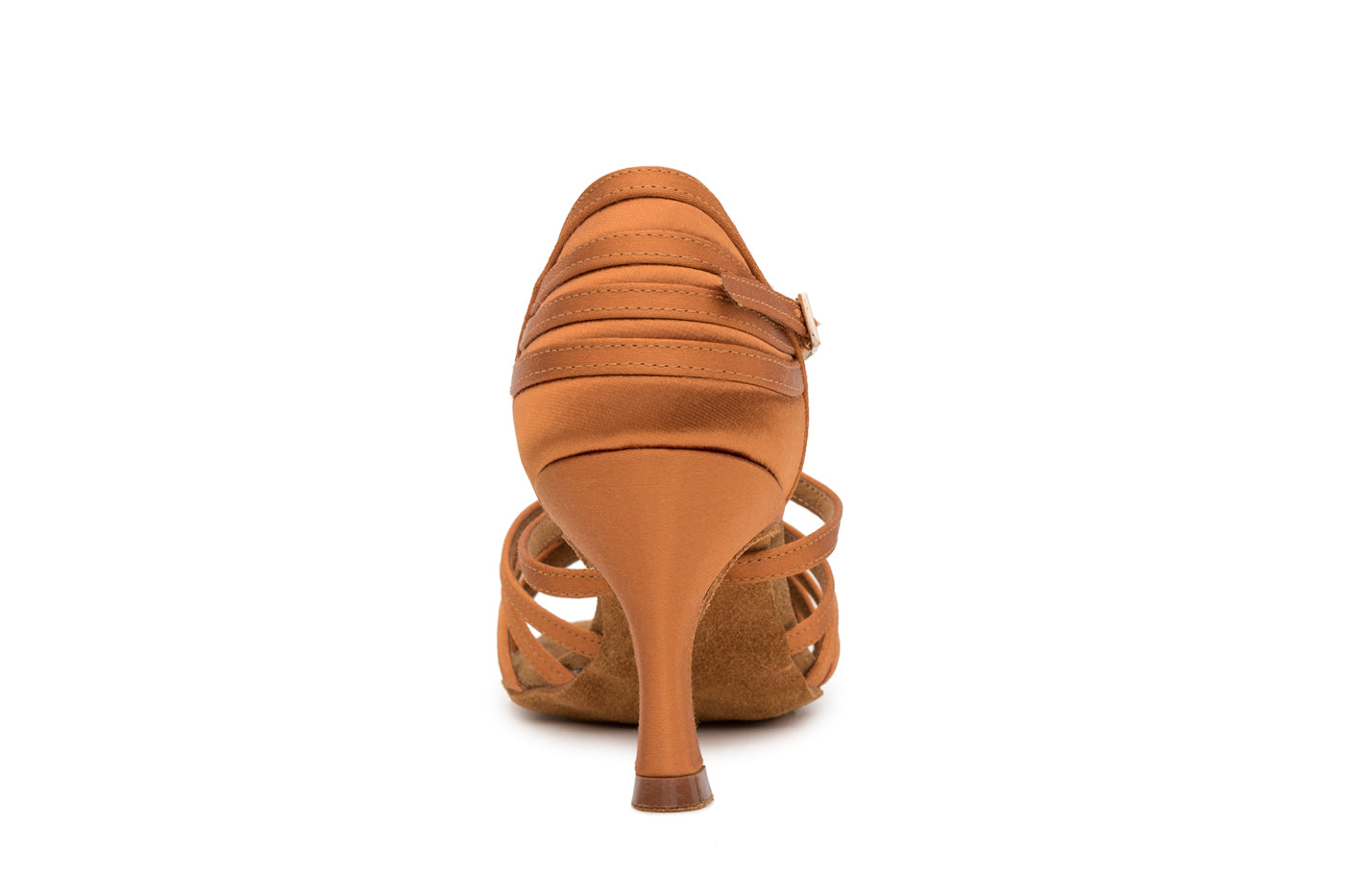 Heel on dark tan satin Latin shoe