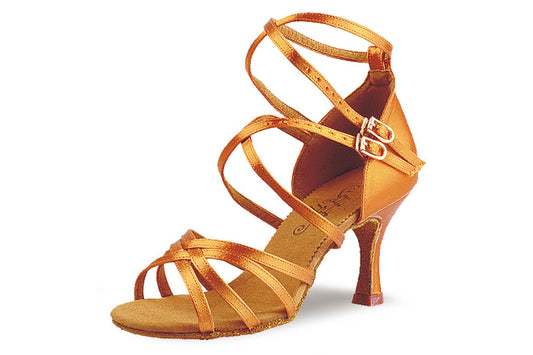 Double cross ankle straps on dark tan satin Latin shoe