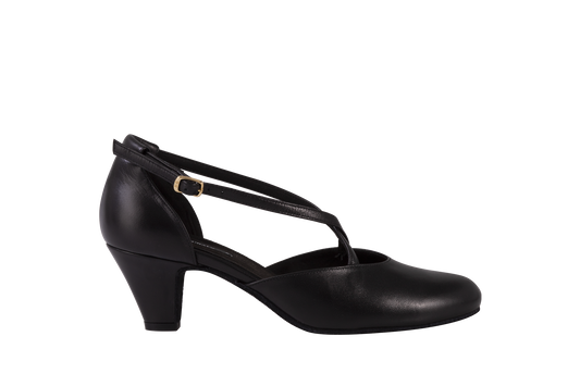 Dance Naturals 725 Cuccarini Black Leather Round Toe Smooth Ballroom Shoe with Criss-Cross Strap