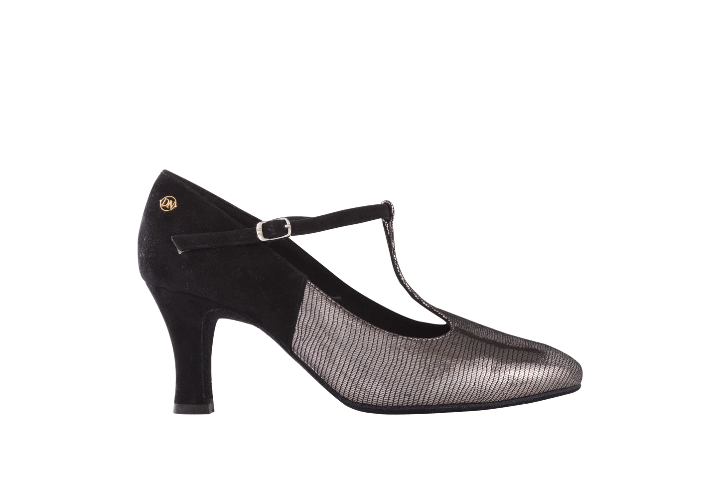 Dance Naturals 728 Bauta Anthracite Smocking and Black Suede Ballroom Shoe with Rounded Toe and T-Strap