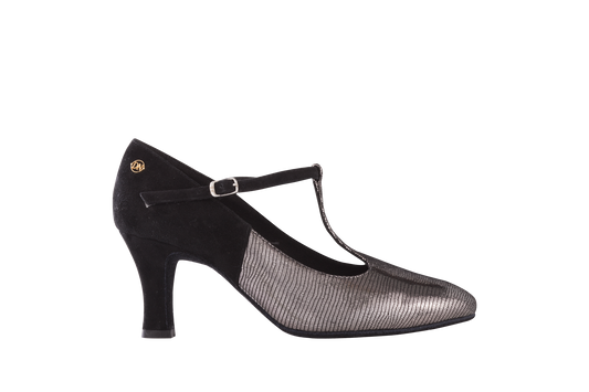 Dance Naturals 728 Bauta Anthracite Smocking and Black Suede Ballroom Shoe with Rounded Toe and T-Strap