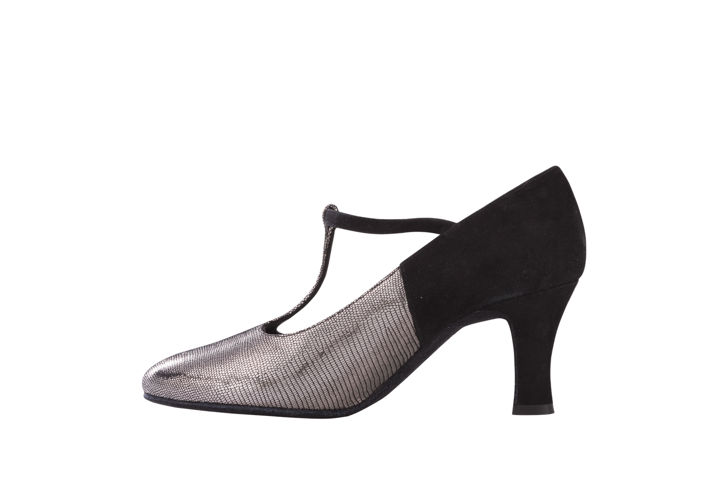 Dance Naturals 728 Bauta Anthracite Smocking and Black Suede Ballroom Shoe with Rounded Toe and T-Strap