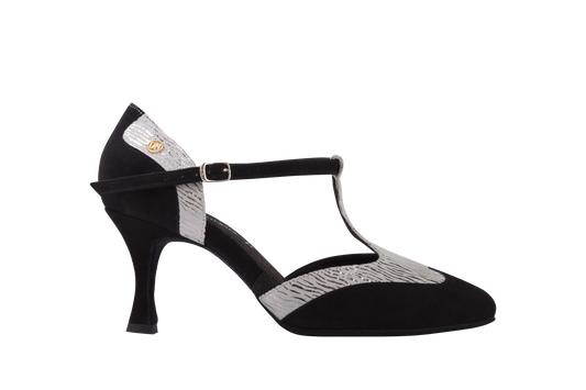 Dance Naturals 731 Serenella Black Suede/Silver Smooth Ballroom Shoe with T-Bar Strap