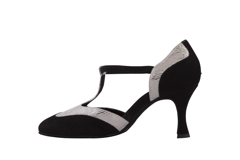 Dance Naturals 731 Serenella Black Suede/Silver Smooth Ballroom Shoe with T-Bar Strap