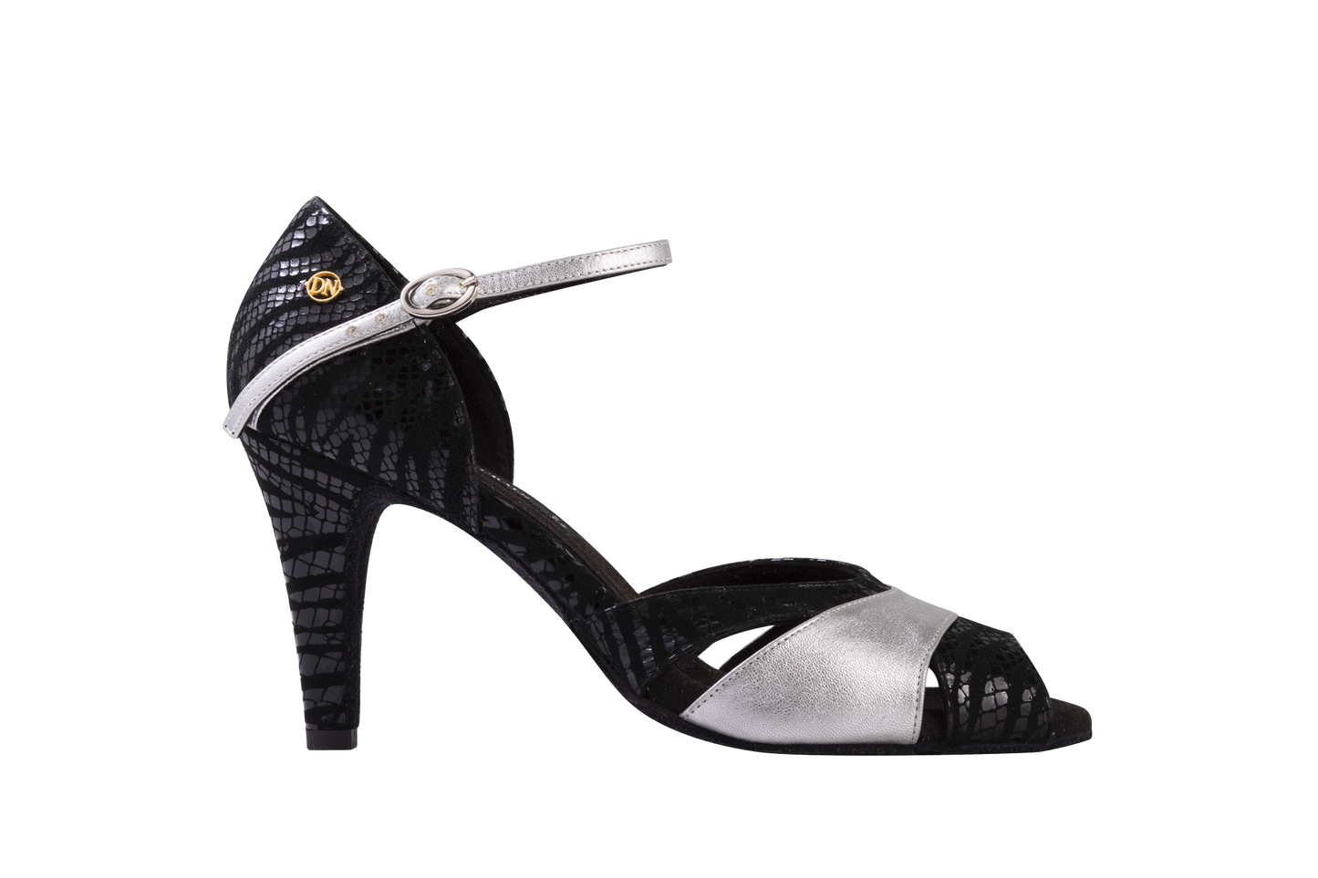 Dance Naturals 80 Canoccia Black Print Suede and Silver Leather Open Toe Ladies Tango Dance Shoe