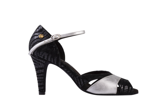 Dance Naturals 80 Canoccia Black Print Suede and Silver Leather Open Toe Ladies Tango Dance Shoe