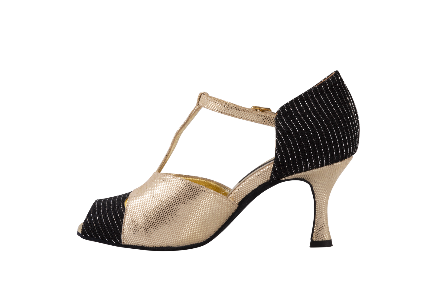 Dance Naturals 83 Mugier Black Fabric and Platinum Fish Open Toe Ladies Tango Dance Shoe with T-Bar and Cutouts