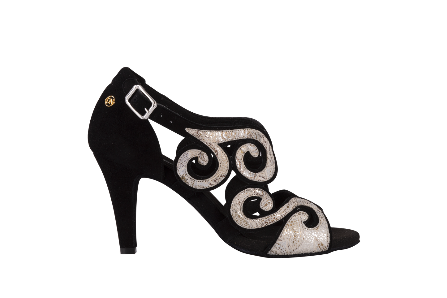 Dance Naturals 85T Dolse Black Suede and Gold/Silver Egypt Print Open Toe Ladies Tango Dance Shoe