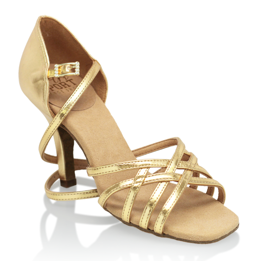 Ray Rose Kalahari in Gold at a partial side view with unbuckled god ankle strap and woven toe straps
