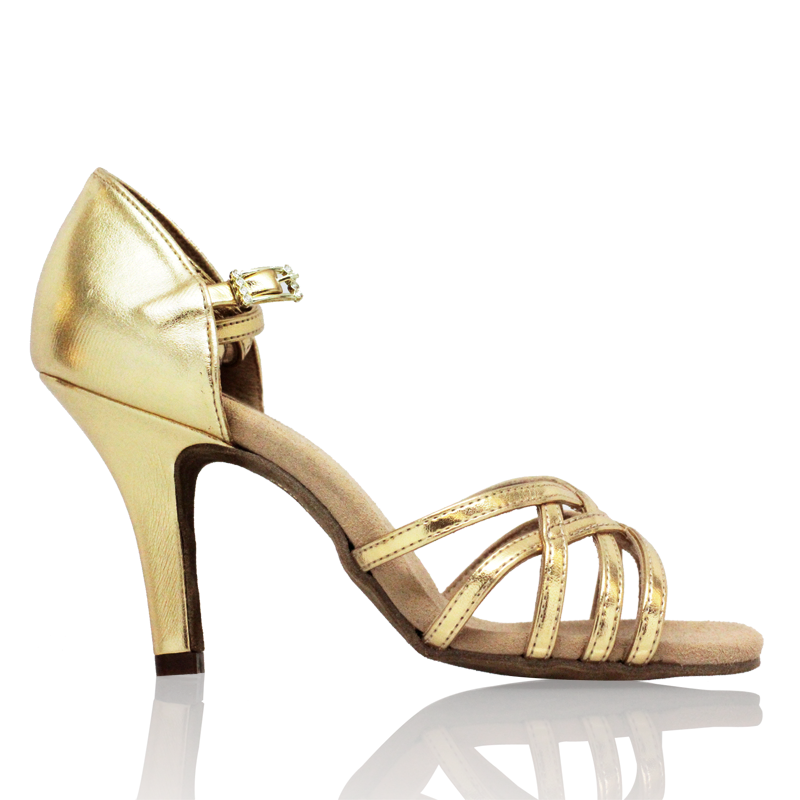 Side view of Gold Ray Rose Kalahari Ladies Latin Shoes with woven toe straps