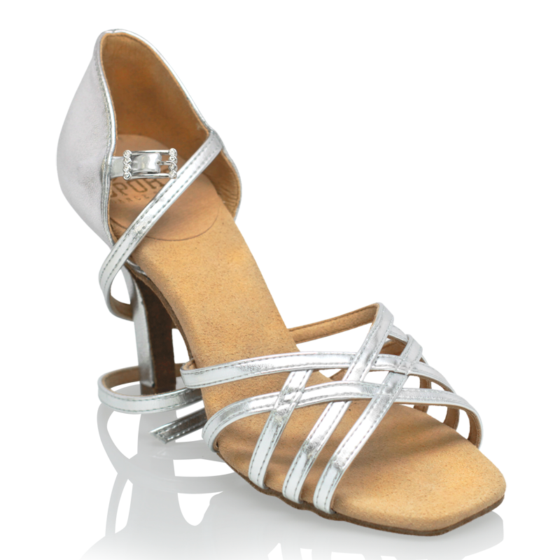 Partial Side View of Ray Rose Kalahari Silver Ladies Latin Dance Shoes with Clear Stones on Ankle Buckled and woven toe straps