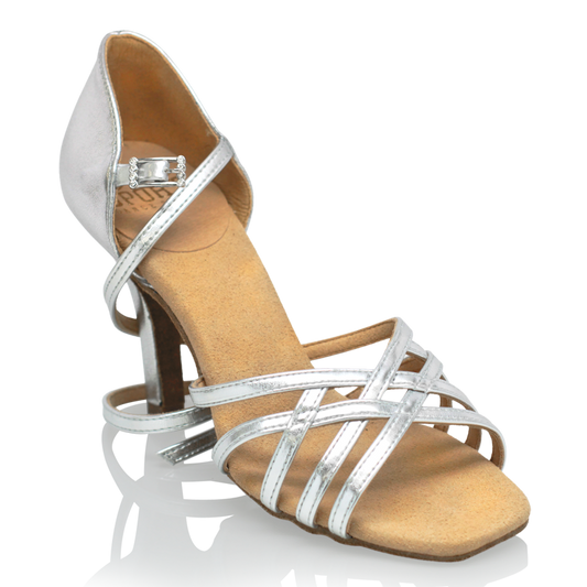 Partial Side View of Ray Rose Kalahari Silver Ladies Latin Dance Shoes with Clear Stones on Ankle Buckled and woven toe straps