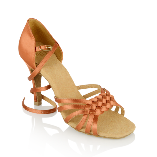 Partial Side View of Dark Tan Satin Ladies Latin Shoe with Adjustable Wrap-Around Ankle Strap and Toe Straps with a tight weave design