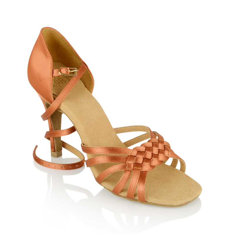Partial Side View of Dark Tan Satin Ladies Latin Shoe with Adjustable Wrap-Around Ankle Strap and Toe Straps with a tight weave design