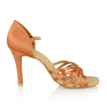 Side view of Ray Rose Moonglow Dark Tan Satin Latin Shoes with adjustable ankle strap and six toe straps woven together with a tight weave design at center