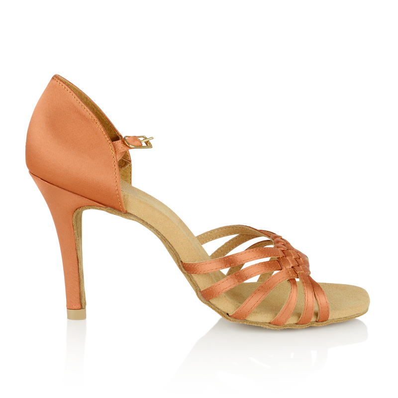 Side view of Ray Rose Moonglow Dark Tan Satin Latin Shoes with adjustable ankle strap and six toe straps woven together with a tight weave design at center