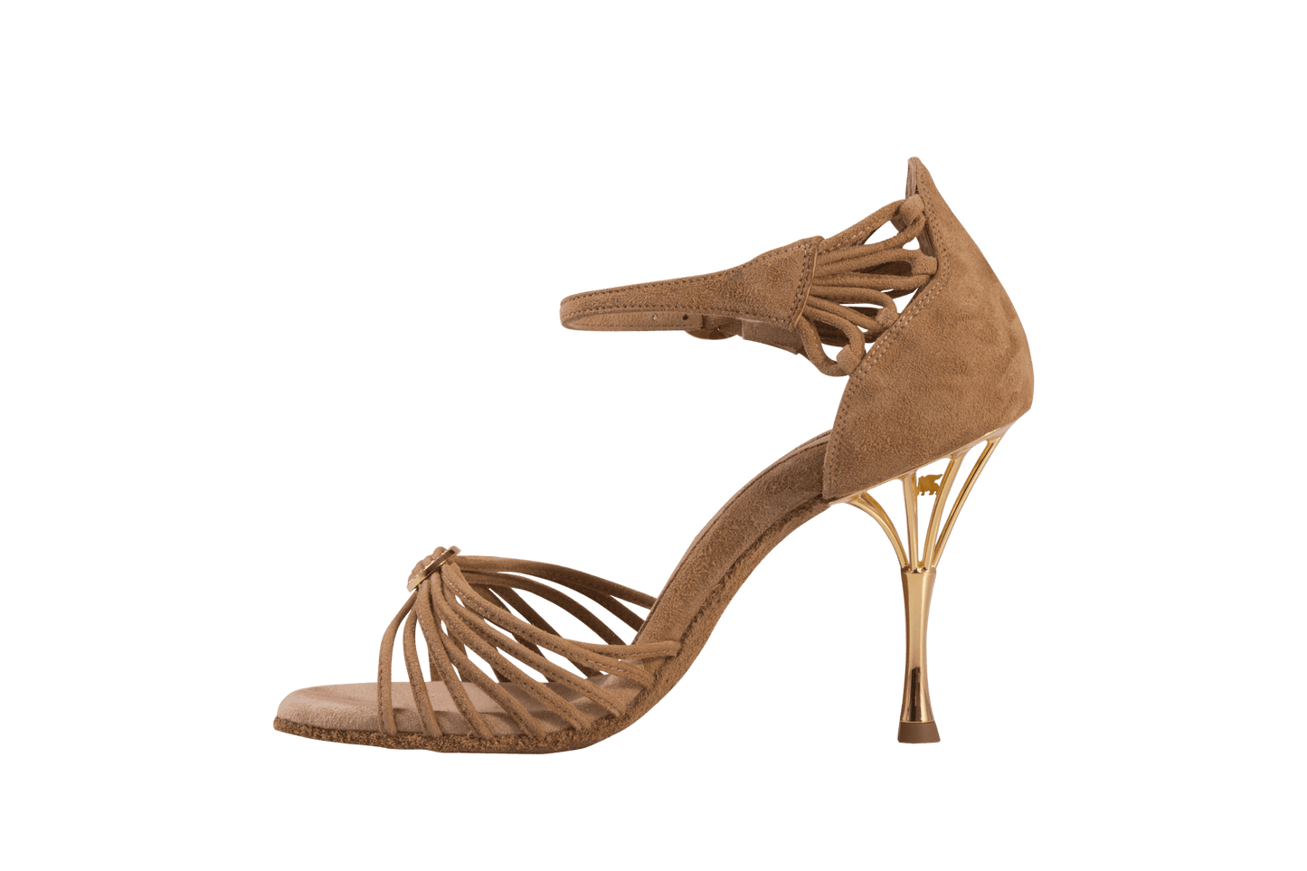 Dance Naturals 883/884 Venere Tan Suede Multi-Strap Latin Shoe with Swarovski Buckles and Flower-Shaped Embellishment on Heel