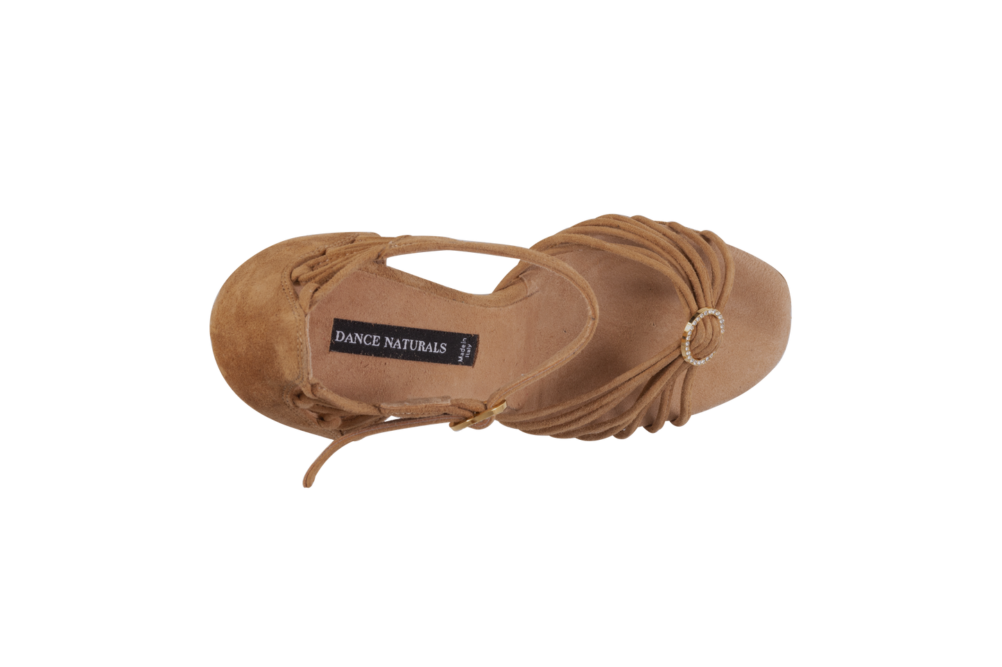 Dance Naturals 883/884 Venere Tan Suede Multi-Strap Latin Shoe with Swarovski Buckles and Flower-Shaped Embellishment on Heel