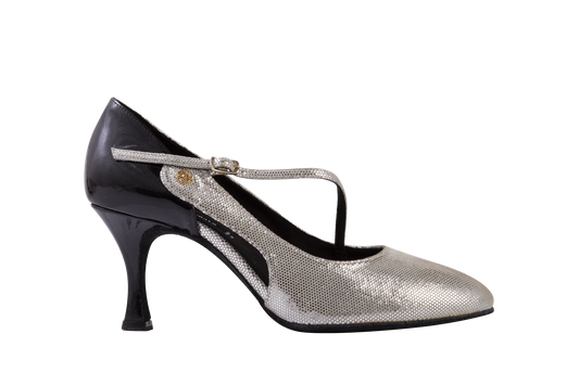 Dance Naturals 90 Moretta Black Patent and Silver Fish Rounded Toe Ballroom Dance Shoe with Diagonal Strap