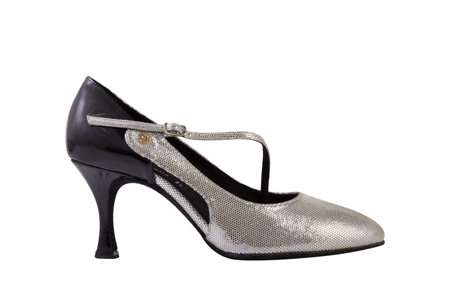 Dance Naturals 90 Moretta Black Patent and Silver Fish Rounded Toe Ballroom Dance Shoe with Diagonal Strap