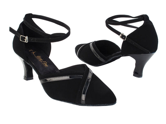 Very Fine 9692LEDSS Black Suede Black Patent Trim Smooth Ballroom Dance Shoe with Cross Ankle Strap