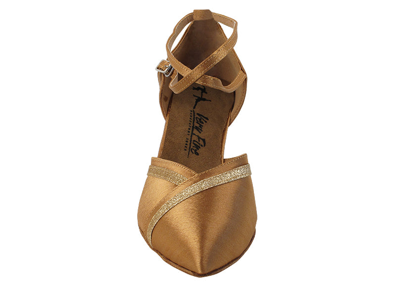 Very Fine 9692LEDSS Brown Satin Gold Stardust Trim Ladies Smooth Ballroom Dance Shoe with Cross Ankle Strap