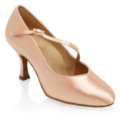 partial side view of peach color ballroom dance shoe