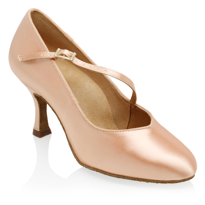 partial side view of peach color ballroom dance shoe