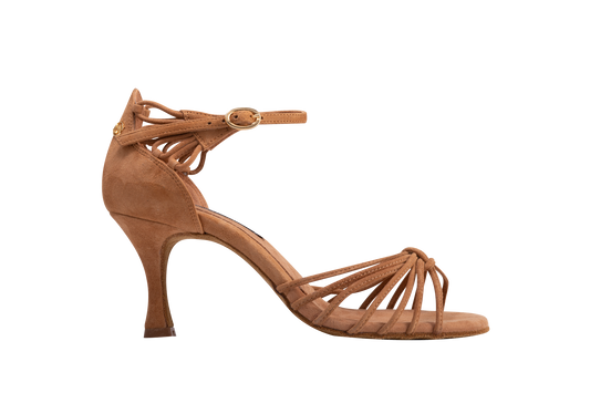 Dance Naturals 204 Liberta Tan Suede Multi-Strap Ladies Latin Dance Shoe with Flower Decoration on Heel
