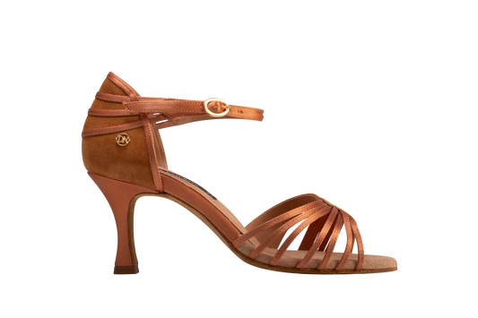 Dance Naturals 203 Repubblica Brown Satin/Brown Suede Latin Shoe with Trim on Heel and 7-Strap Vamp