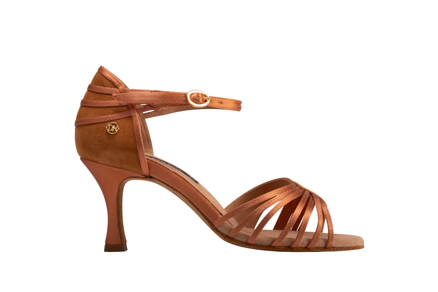 Dance Naturals 203 Repubblica Brown Satin/Brown Suede Latin Shoe with Trim on Heel and 7-Strap Vamp