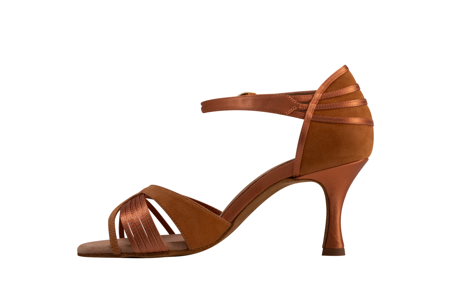 Dance Naturals 203 Repubblica Brown Satin/Brown Suede Latin Shoe with Trim on Heel and 7-Strap Vamp