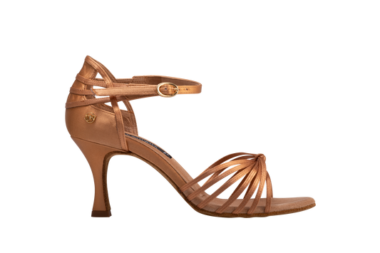 Dance Naturals 409 Perla Bronze Satin Ladies Latin Dance Shoe with Knotted Seven Strap Vamp and Cutous
