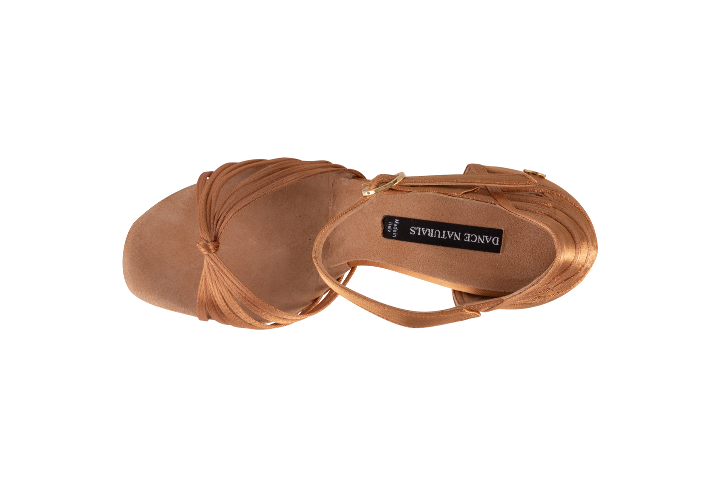 Dance Naturals 409 Perla Bronze Satin Ladies Latin Dance Shoe with Knotted Seven Strap Vamp and Cutous