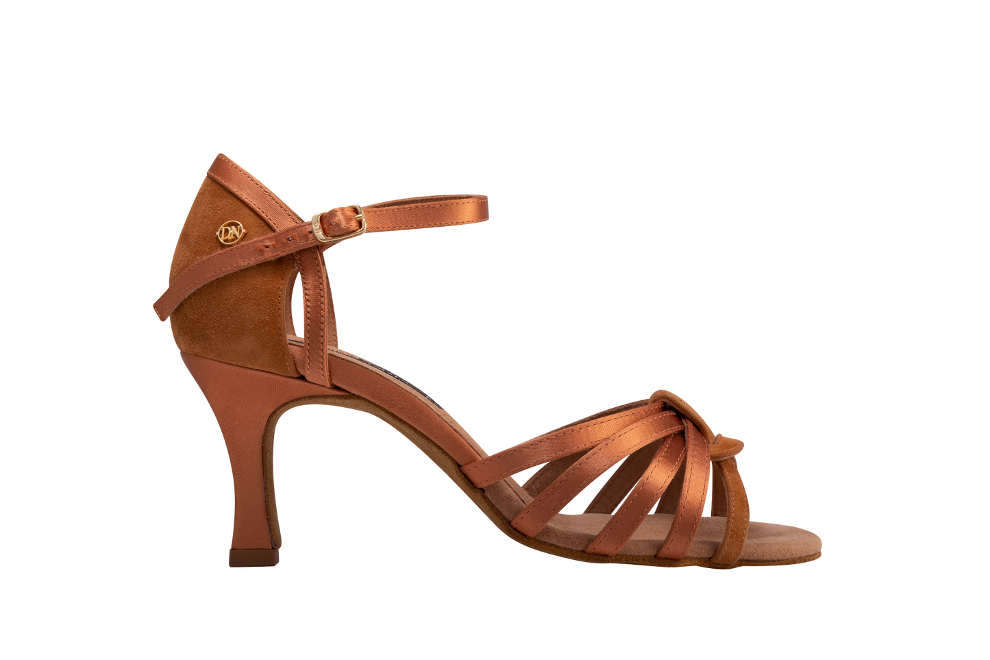 Dance Naturals 62 Marea Brown Satin and Suede Ladies Latin Dance Shoe with Cutouts on Heel