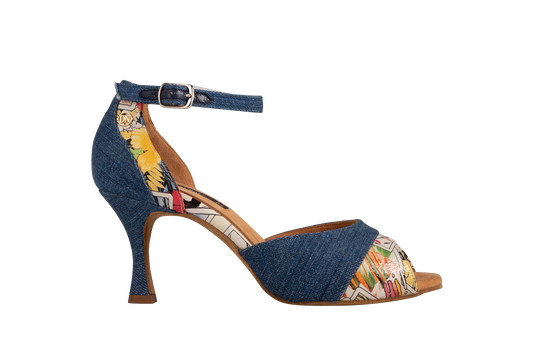 Dance Naturals 63 Poveglia Open Toe Blue Denim and Comics Print Ladies Tango Dance Shoe