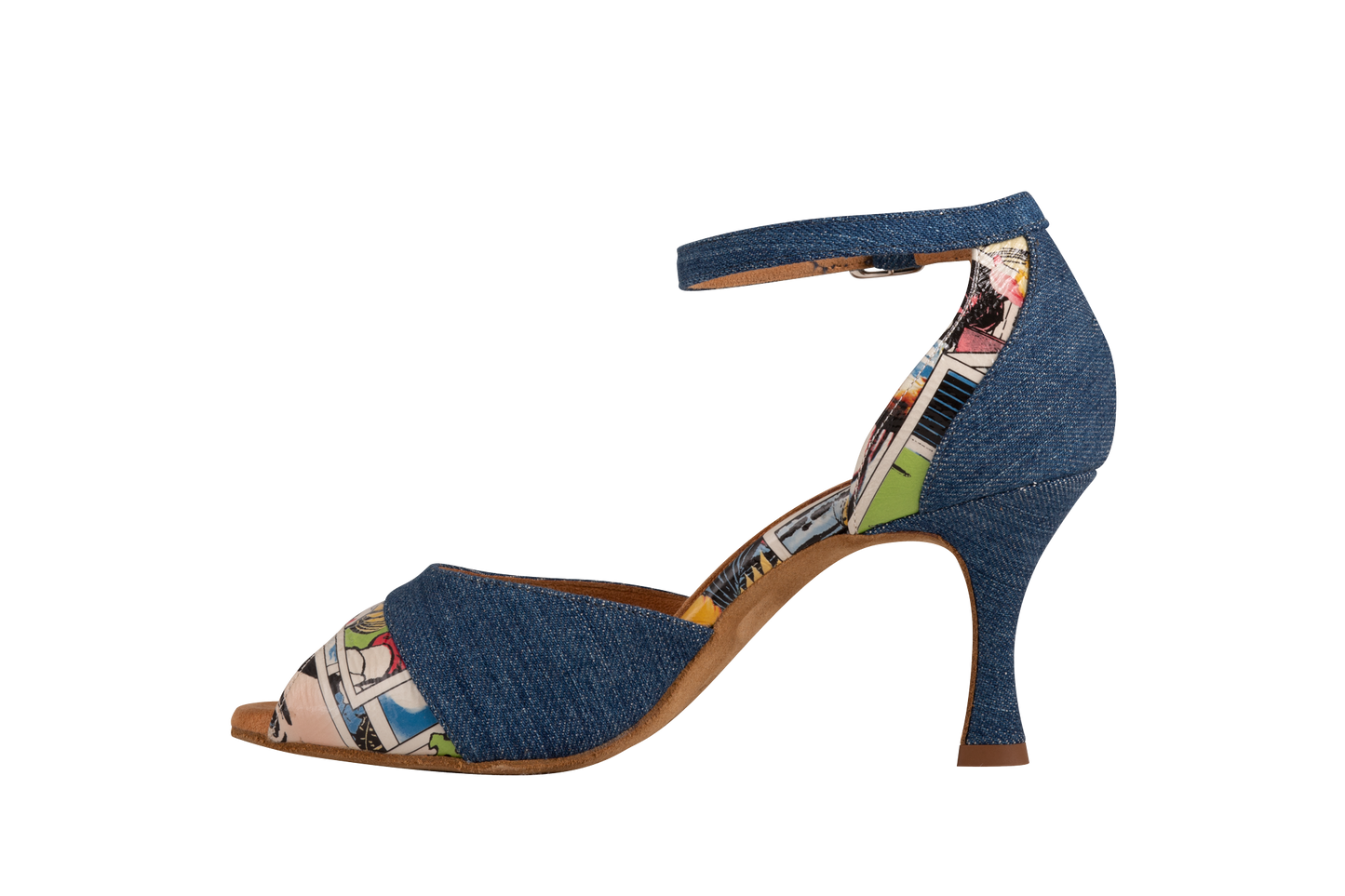 Dance Naturals 63 Poveglia Open Toe Blue Denim and Comics Print Ladies Tango Dance Shoe