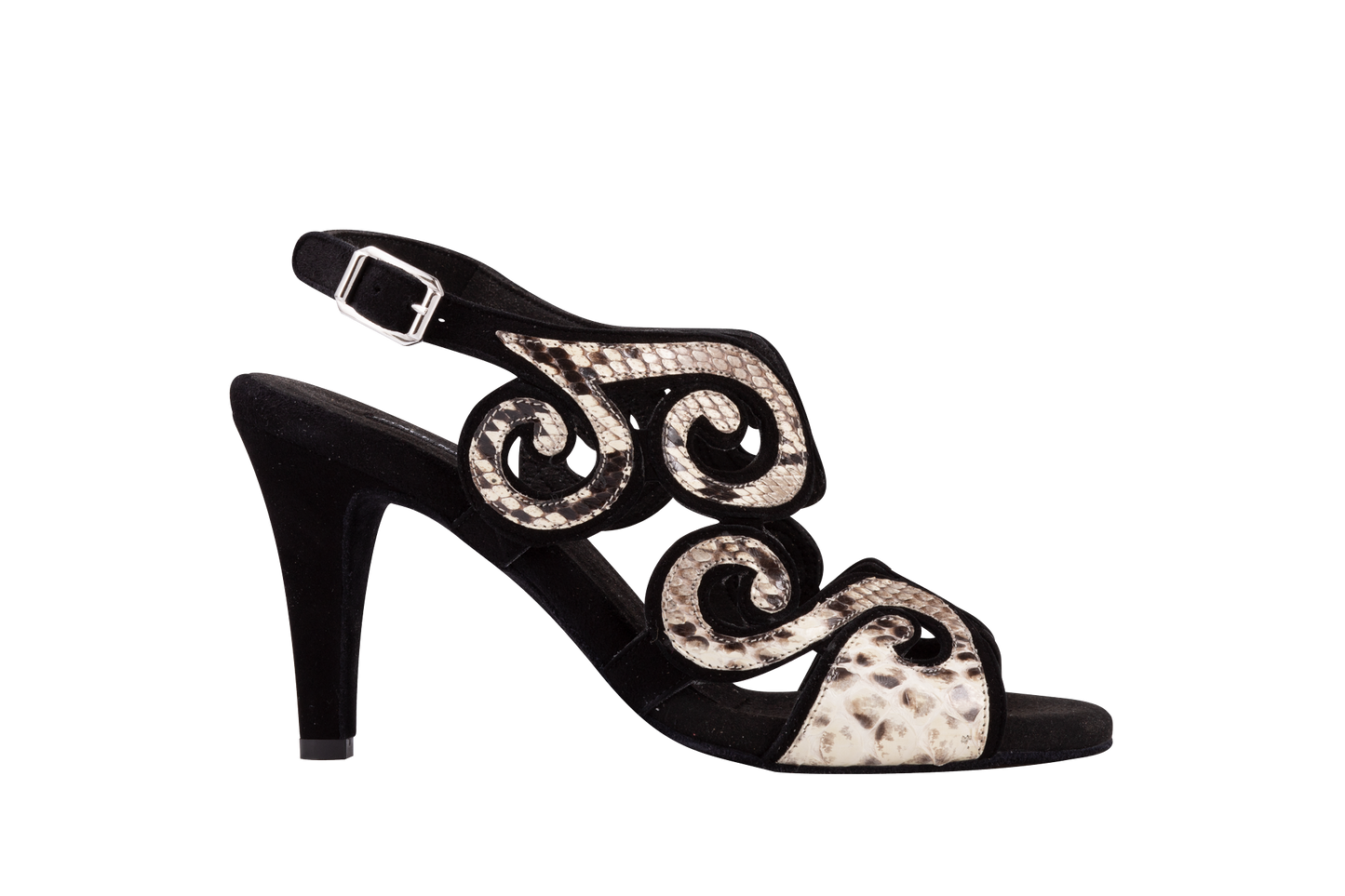 Dance Naturals 85 Coccola Open Toe Black Suede Ladies Tango Dance Shoe with Snakeskin Swirl Design