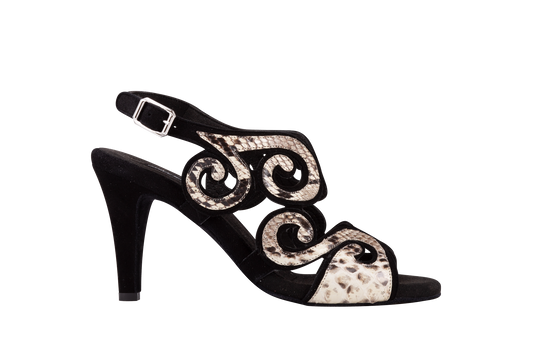 Dance Naturals 85 Coccola Open Toe Black Suede Ladies Tango Dance Shoe with Snakeskin Swirl Design