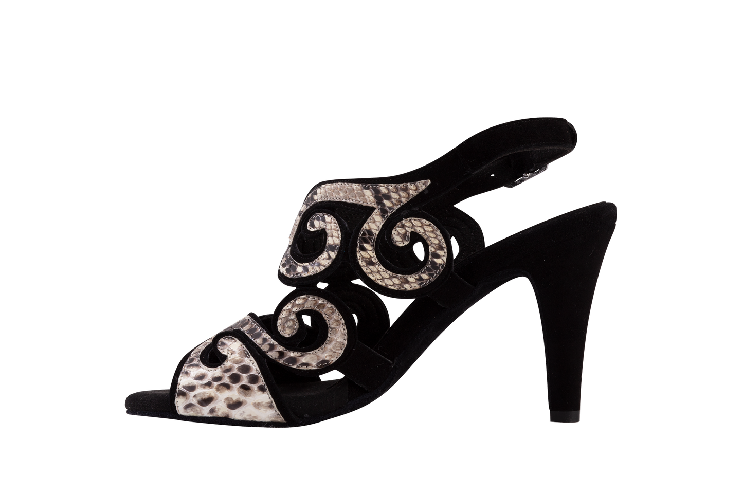 Dance Naturals 85 Coccola Open Toe Black Suede Ladies Tango Dance Shoe with Snakeskin Swirl Design