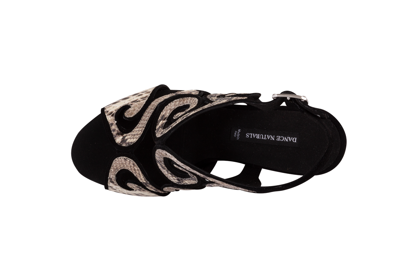 Dance Naturals 85 Coccola Open Toe Black Suede Ladies Tango Dance Shoe with Snakeskin Swirl Design